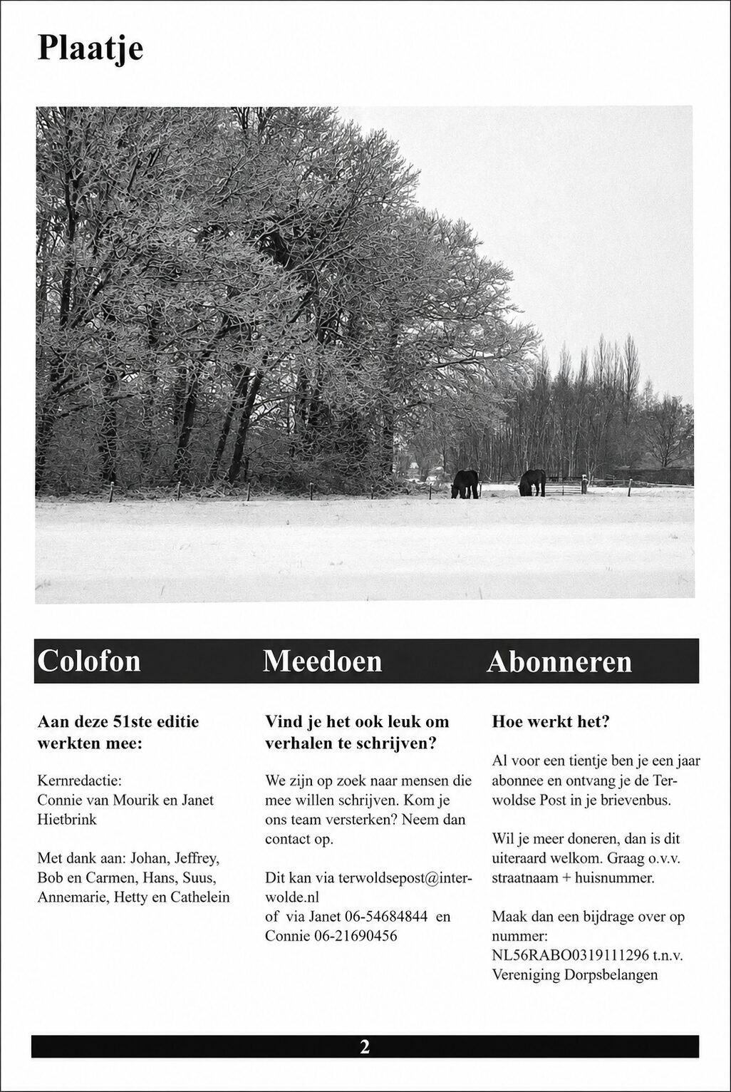 Pagina uit de Terwoldse Post met colofon, meedoen en abonneren