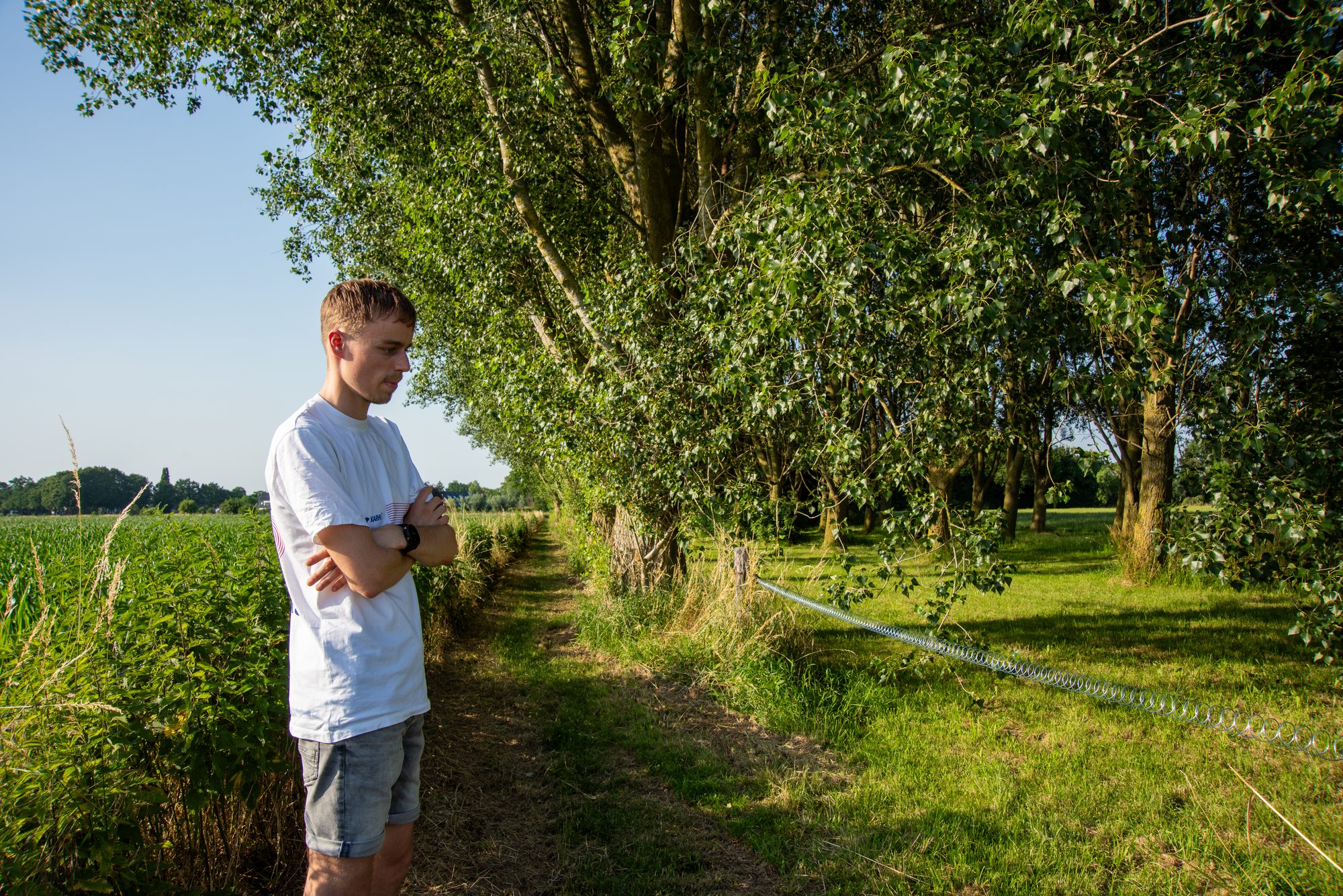 Chiel van Mourik kijkt uit over een landweggetje langs de bomen in Terwolde
